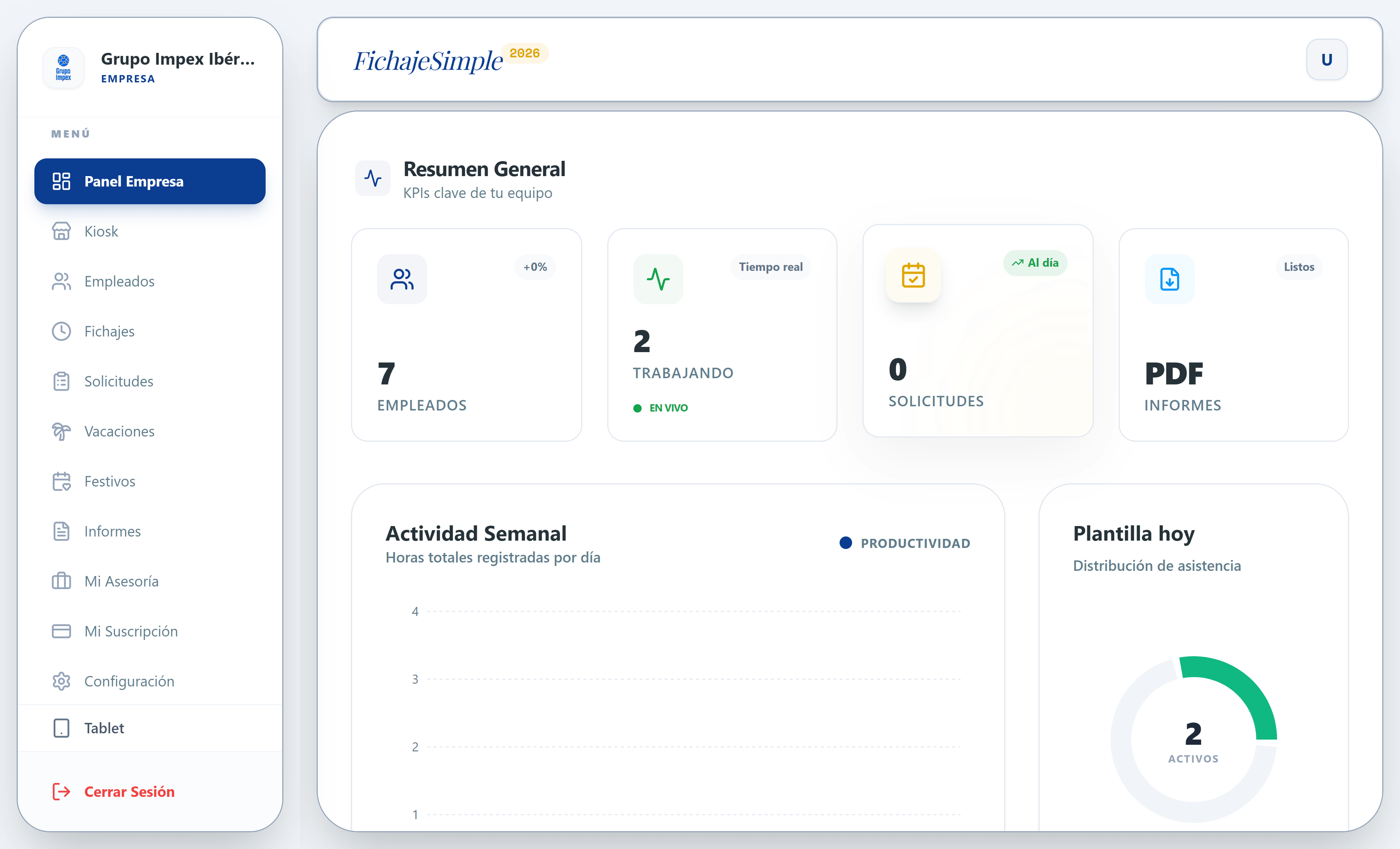 Interfaz principal de FichajeSimple