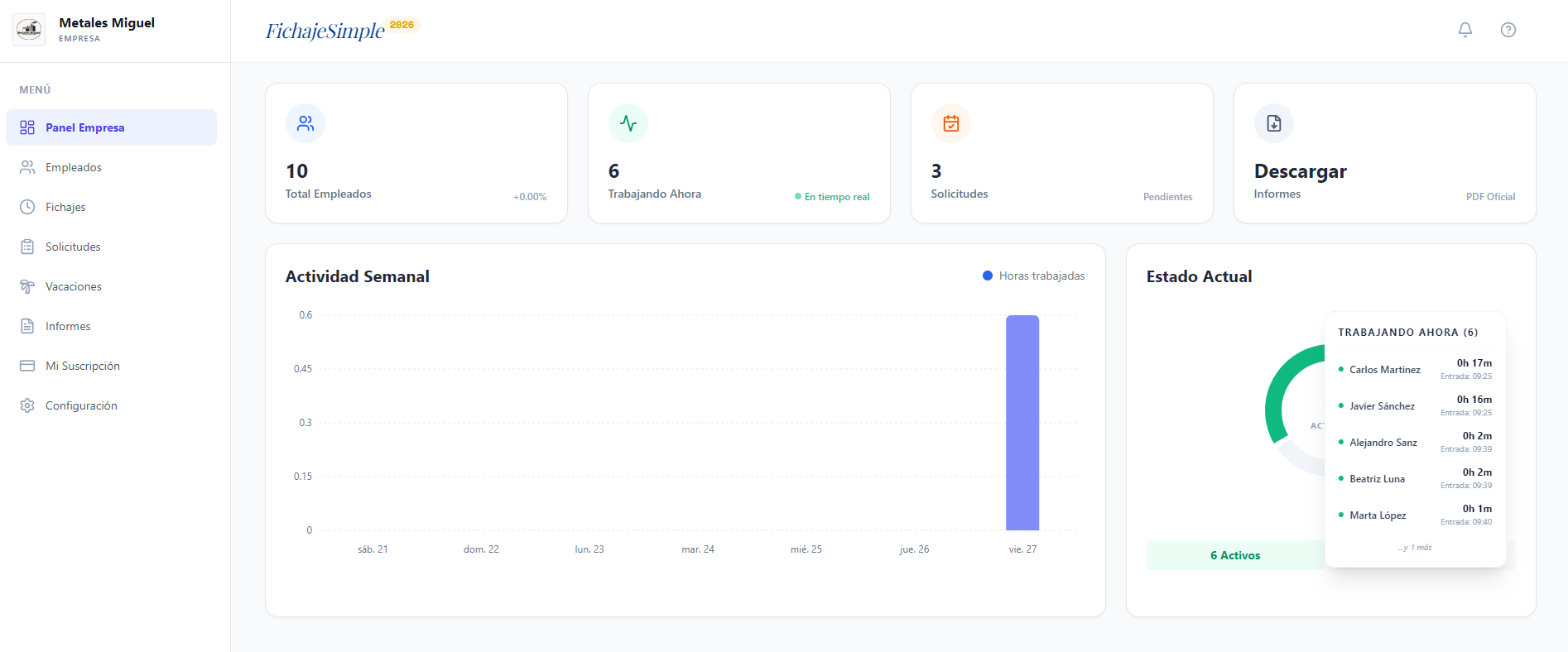 Interfaz principal de FichajeSimple